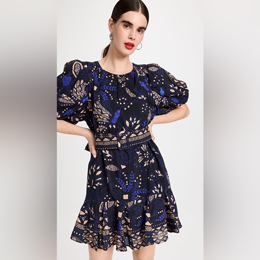 FARM Rio Navy Blue & Beige Floral Puff-Sleeve Mini Dress - Picture 8 of 13